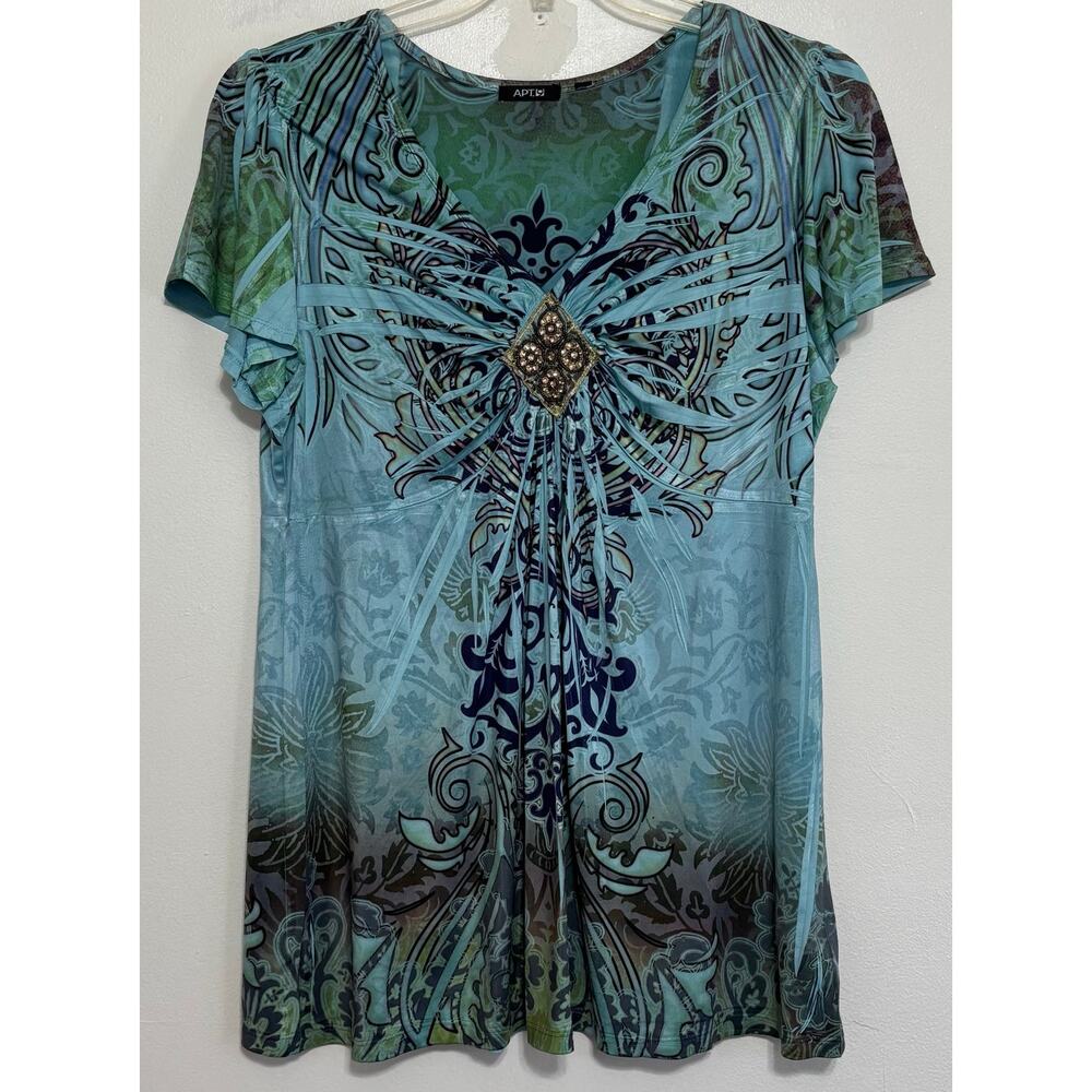 Apt. 9 1X Boho Y2K Paisley Beaded Medallion Blouse Blue Green